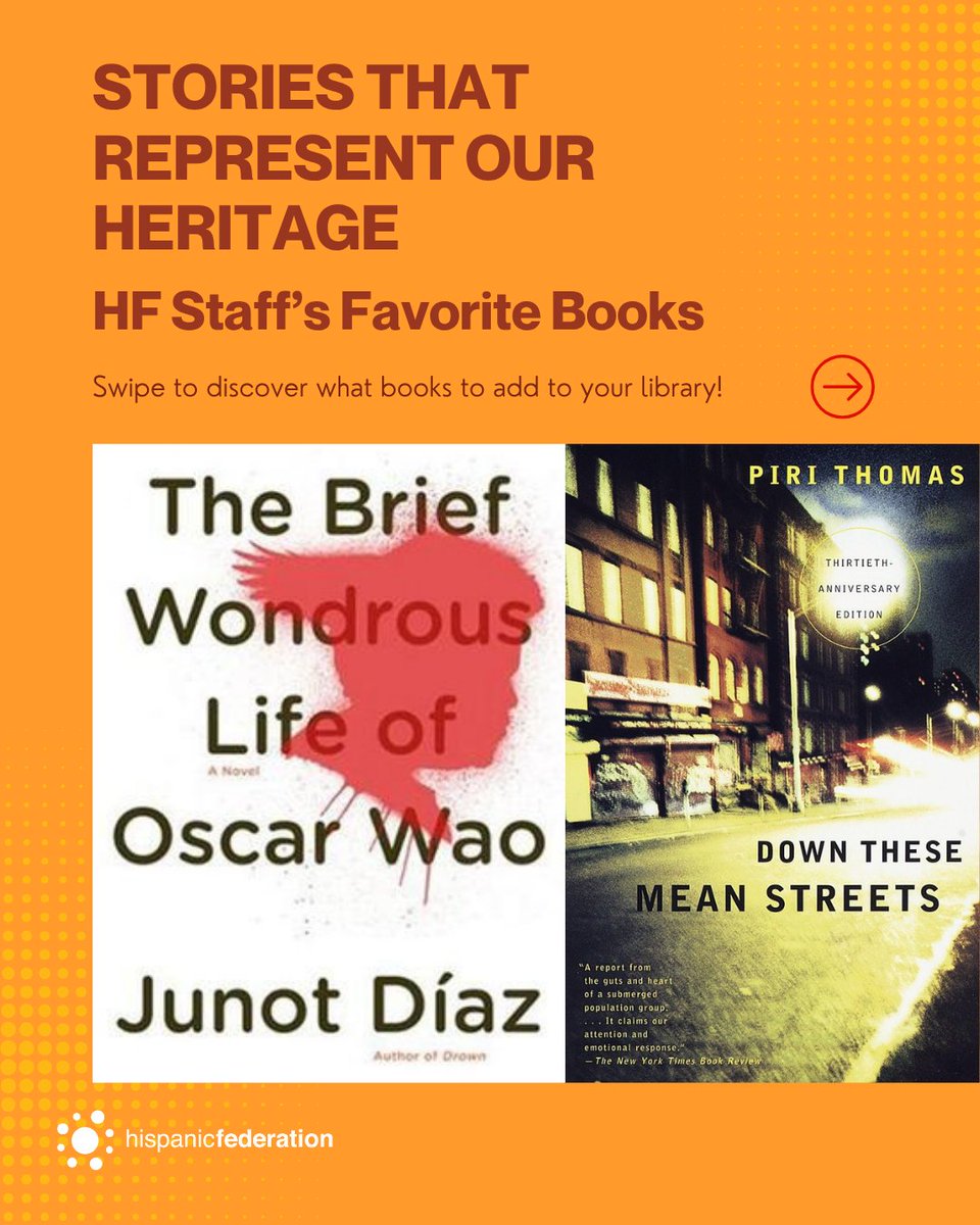HispanicFed's tweet photo. Stories are at the heart of our cultures! 
#HispanicHeritageMonth may have wrapped up but our work elevating our community’s content continues, check out our staff’s excellent Latino-authored book recommendations. 
These also make great gifts for the holidays or #SundayReads. 😉 

What books would you add to the list? 
The list of HF staff book recommendations includes: 
📙 The Diary of Frida Kahlo by Frida Kahlo
📙 In the Time of Butterflies by Julia Alvarez
📙 The Brief Wondrous Life of Oscar Wao by Junot Díaz
📙 Down These Mean Streets by Piri Thomas
📙 The House of the Spirits by Isabel Allende
📙 The Alchemist by Paolo Coelho
📙 Bodega Dreams by Ernesto Quiñones
📙 El Reino de Este Mundo by Alejo Carpentier
📙 Cien Años de Soledad by Gabriel García Márquez
📙 Rayuela by Julio Cortázar
📙 When I Was Puerto Rican by Esmeralda Santiago
📙 Solito by Javier Zamora
Some honorable mentions we couldn't fit: La guaracha del Macho Camacho by Luis Rafael Sánchez, Casi Romántica by Larissa Gloriel, and Maria by Jorge Isaacs.