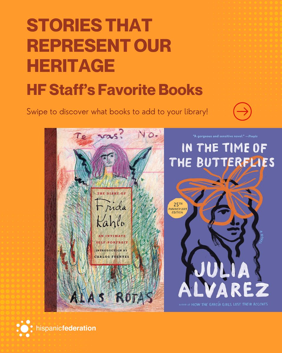 HispanicFed's tweet photo. Stories are at the heart of our cultures! 
#HispanicHeritageMonth may have wrapped up but our work elevating our community’s content continues, check out our staff’s excellent Latino-authored book recommendations. 
These also make great gifts for the holidays or #SundayReads. 😉 

What books would you add to the list? 
The list of HF staff book recommendations includes: 
📙 The Diary of Frida Kahlo by Frida Kahlo
📙 In the Time of Butterflies by Julia Alvarez
📙 The Brief Wondrous Life of Oscar Wao by Junot Díaz
📙 Down These Mean Streets by Piri Thomas
📙 The House of the Spirits by Isabel Allende
📙 The Alchemist by Paolo Coelho
📙 Bodega Dreams by Ernesto Quiñones
📙 El Reino de Este Mundo by Alejo Carpentier
📙 Cien Años de Soledad by Gabriel García Márquez
📙 Rayuela by Julio Cortázar
📙 When I Was Puerto Rican by Esmeralda Santiago
📙 Solito by Javier Zamora
Some honorable mentions we couldn't fit: La guaracha del Macho Camacho by Luis Rafael Sánchez, Casi Romántica by Larissa Gloriel, and Maria by Jorge Isaacs.