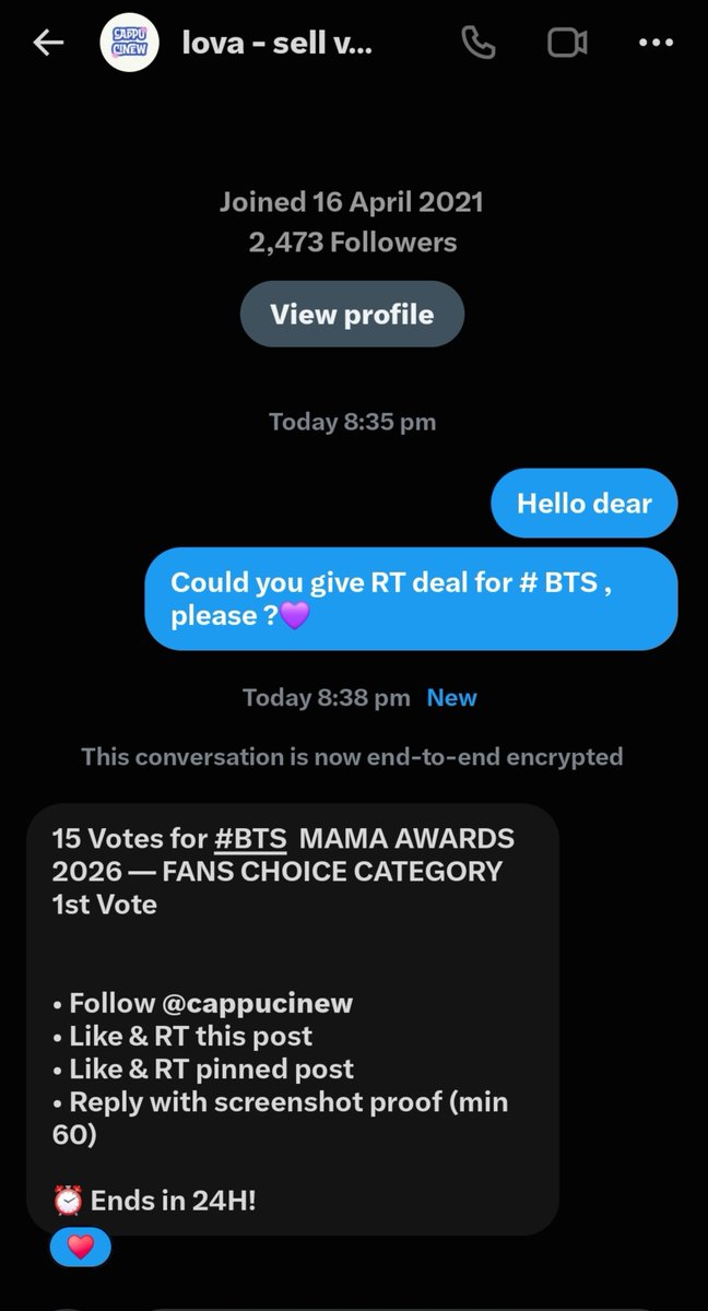 HourEmwzy's tweet photo. 15 Votes for #BTS  MAMA AWARDS 2026 — FANS CHOICE CATEGORY 1st Vote💜💜💪💪

• Follow @cappucinew
• Like &amp; RT this post
• Like &amp; RT pinned post
• Reply with screenshot proof (min 60)💪💪

⏰ Ends in 24H! https://t.co/SjizlrJxBO