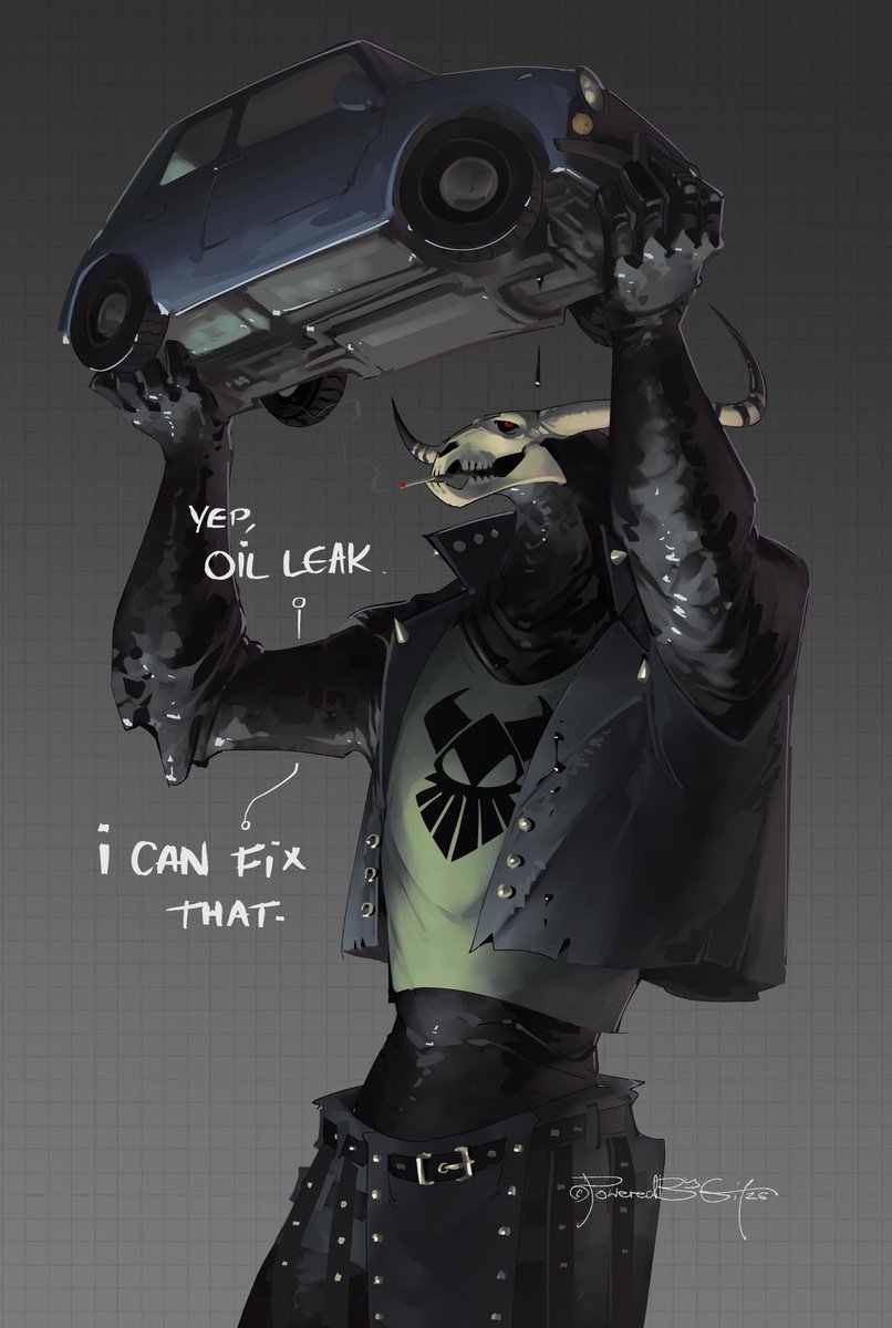 poweredbygif's tweet photo. Got a broken car? Don't worry, Pitch can patch it up for you. 💀🚘🖤 #OC #Pitch #Skull #Monster #Art

(he's a bit off scale here, but I liked the idea that he can just pick up a car for a check up lol)

(I also imagine his home is just a big loft-style garage hall🙂) https://t.co/92iu8lCwxe