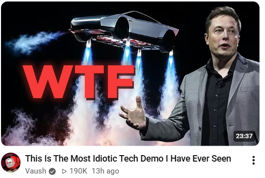 Sullivan_B3's tweet photo. Ce qui me fait rire c'est qu'à l'extérieur de la communauté libertarienne techno fasciste, des pirates et des fefans d'Elon Musk, personne, mais littéralement personne ne trouve que sa démonstration de char volant poche propulsée par réservoir de gaz a de la valeur https://t.co/XbU8LquxkN