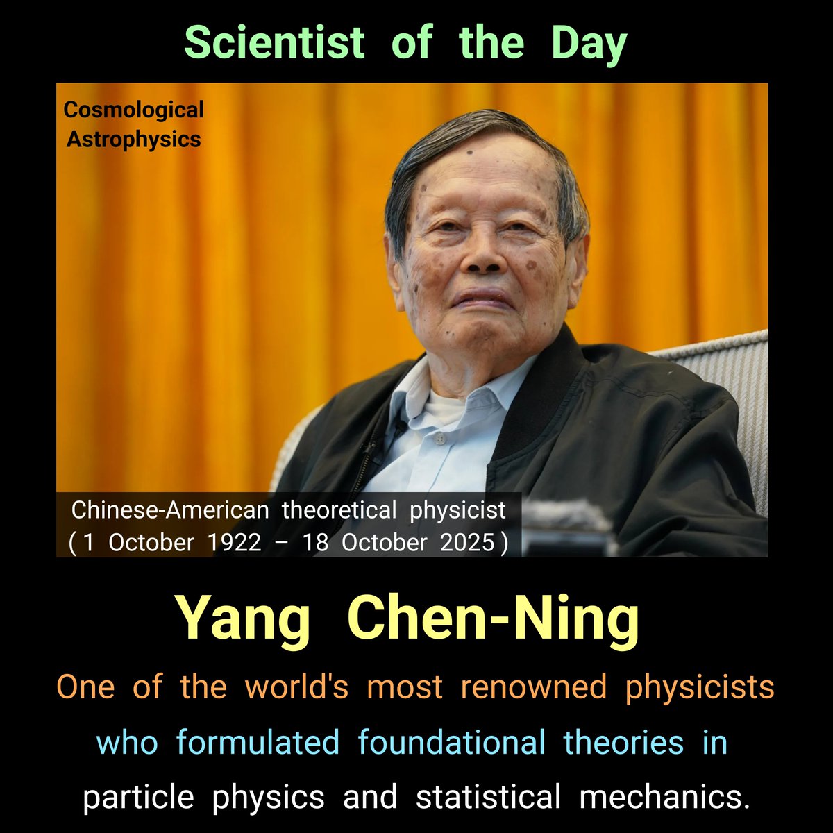 CosmoAstrophy's tweet photo. Previous year, #OTD , one of the world's most renowned physicists, #ChenNingYang was died. He shared the 1957 Nobel prize for physics with Tsung-Dao Lee

They were awarded the Nobel prize for work that overthrew the widely accepted parity laws. https://t.co/VIB3pFjufu