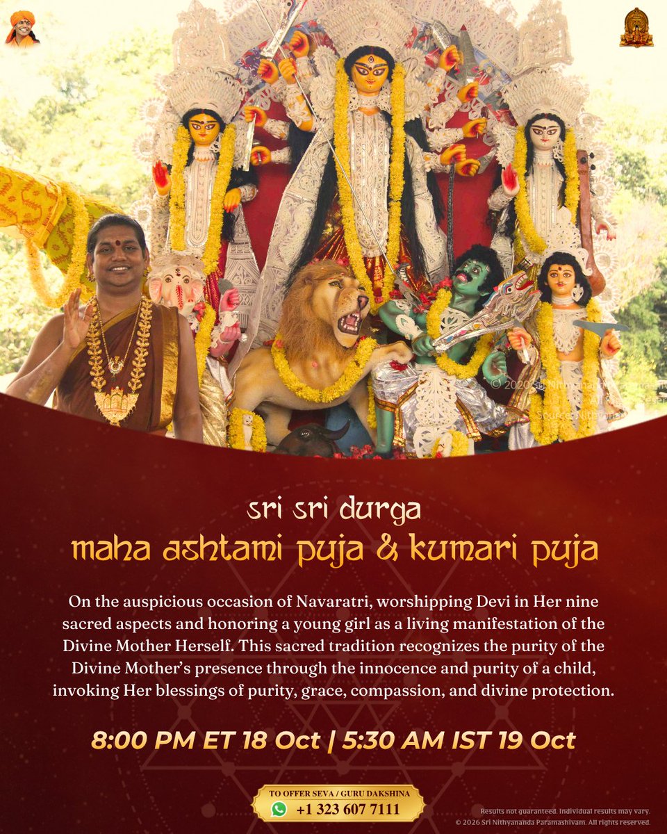 KUNAWHealth's tweet photo. Celebrate Durga Maha Ashtami Puja &amp; Kumari Puja! 🙏

✨ Worship Devi in Her 9 sacred forms and honor the Divine Mother's pure living manifestation 

🌺 Oct 18, 8:00 PM ET / Oct 19, 5:30 AM IST 📞 +1 323 607 7111 https://t.co/PKo7vL0jVt