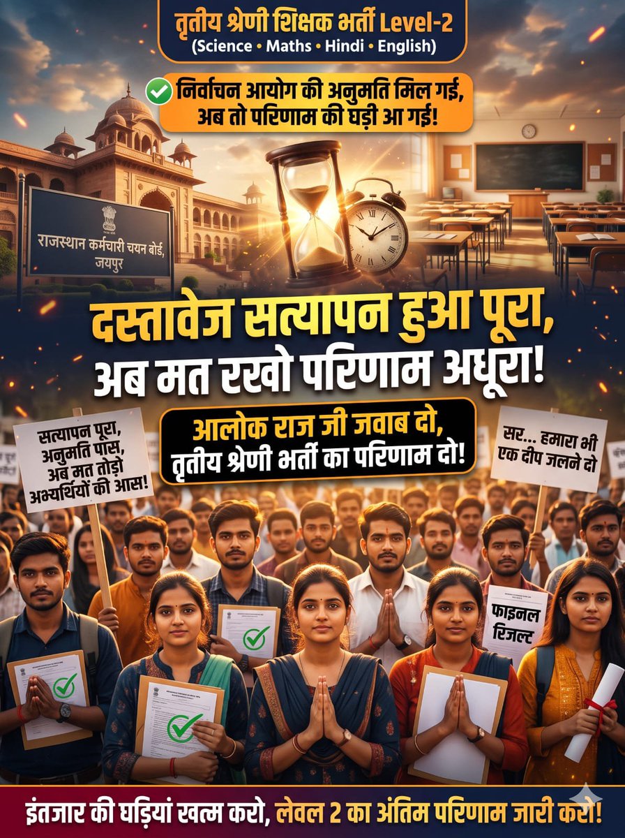 yuvrajchouhan25's tweet photo. तृतीय श्रेणी अध्यापक (लेवल 2, संस्कृत शिक्षा)के दस्तावेज सत्यापन की प्रकिया पूर्ण हो चुकी है , एवं 
निर्वाचन आयोग से भी अनुमति प्रदान की जा चुकी अतः श्रीमान जी से निवेदन है कि अंतिम परिमाण जारी करने की कृपा करे ।
#3rd_grade_l2_result_jari_करो https://t.co/I9WdasGJde