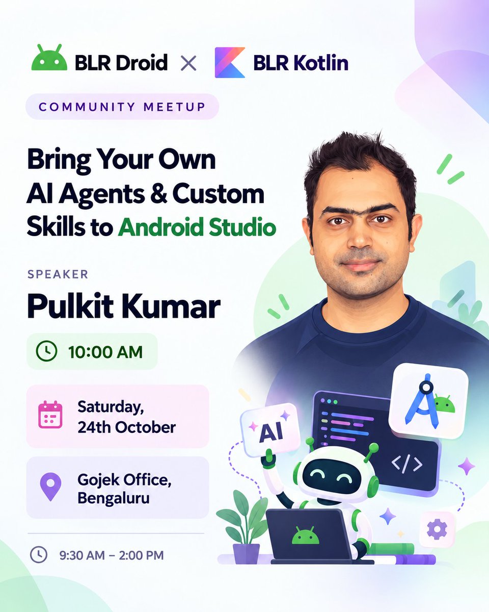 blrdroid's tweet photo. One week to go for BLR Droid × BLR Kotlin! 🚀

Our first speaker, Pulkit Kumar, will be talking about “Bring Your Own AI Agents &amp; Custom Skills to Android Studio.”

📅 Saturday, 24th October
📍 Gojek Office, Bengaluru

RSVP now: https://t.co/5l8BSBaTyz https://t.co/iLQnY4KXj9