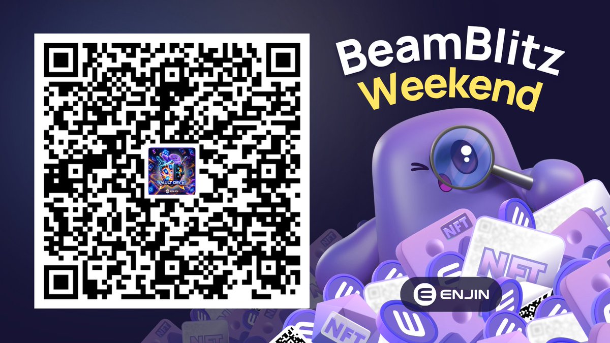 enjin's tweet photo. BeamBlitz Weekend is LIVE 📇

Where my TCG players at? Celebrate @VaultDeck with the Blobby’s Deck NFT 🙌

Scan the Beam QR with the Enjin Wallet app or claim it here: https://t.co/Q5HVdJMlTN

Same day next week, Enjineers. 💜

ℹ️ https://t.co/Hylz3PQojo

#FreeNFT #BeamBlitz