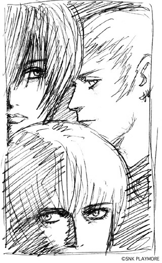 COTW_SNK_NeoGeo's tweet photo. The Orochi Team (オロチチーム), on and off stage — 4 illustration drafts from the KOF 10th Anniversary CD.

_ A close-up portrait of Yashiro, Shermie and Chris.
_ The trio carrying their instrument cases.
_ A snack break.
_ Chris singing, Shermie on keyboards and Yashiro on guitar.
#KOF #SNK #NeoGeo #オロチチーム #キングオブファイターズ