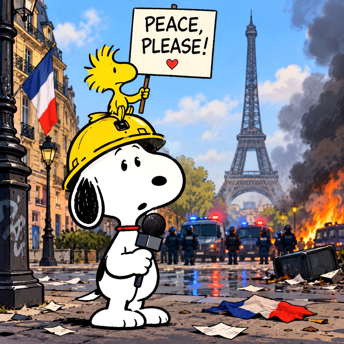 snoopyVy123's tweet photo. 🚨 Paris is in chaos… but Snoopy and Woodstock have one message for the world: PEACE, PLEASE! 🕊️❤️ https://t.co/ZIUcOylg3b