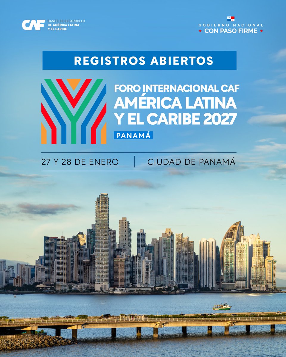 AgendaCAF's tweet photo. 🇵🇦 Abrimos los registros para el Foro Internacional CAF América Latina y el Caribe 2027, que se celebrará el 27 y 28 de enero en Ciudad de Panamá.

La tercera edición reunirá a jefes de Estado, líderes empresariales, organismos multilaterales, inversionistas, academia y emprendedores para fortalecer alianzas, atraer inversiones y avanzar en una agenda compartida para el desarrollo de la región.

Inscríbete aquí: https://t.co/GKx9XmUizJ