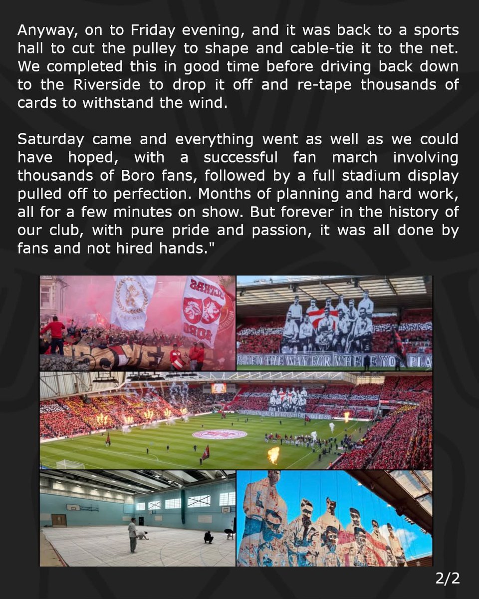 ACEngland2026's tweet photo. Last Saturday, ACE members Red Faction unveiled a dramatic tifo to celebrate 150 years of their club Middlesbrough's existence.

What this tifo proved is that you don't need outside agencies or AI to create impressive tifos. 1/2 https://t.co/WUfrZezD8x