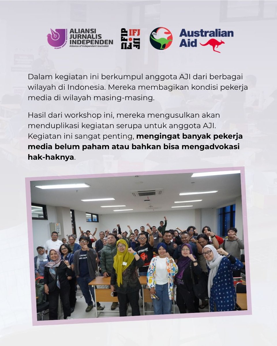 AJIIndonesia's tweet photo. Diskusi ini menjadi salah satu kesempatan untuk melihat kembali pentingnya berorganisasi, terutama di tengah pelbagai tantangan yang dihadapi jurnalis dan pekerja media dalam menjalani profesinya. https://t.co/MZSEMsULJA