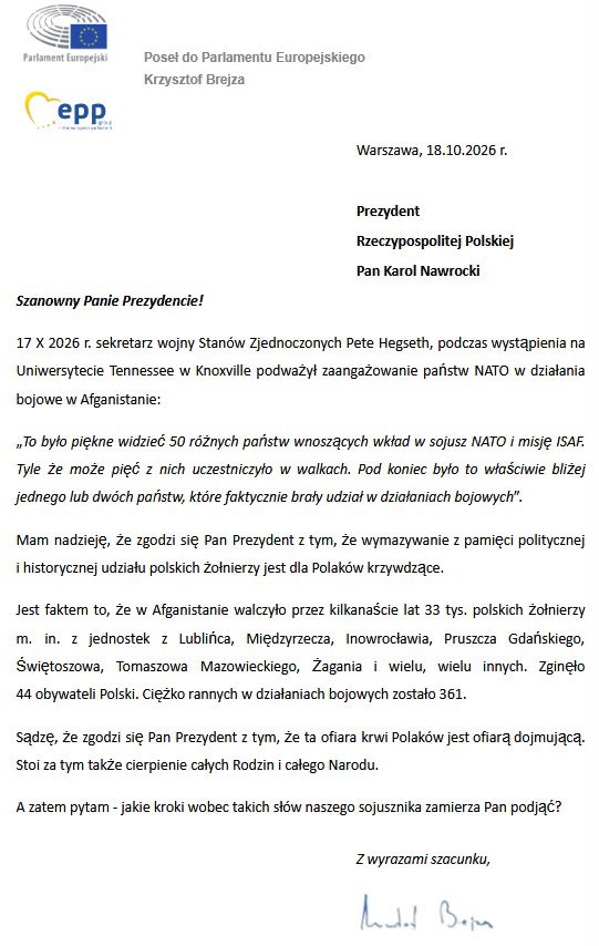 krzysztofbrejza's tweet photo. Wobec kolejnego podważania, przez administrację Trumpa, krwi polskich żołnierzy przelanej w Afganistanie - apeluję do Karola Nawrockiego o reakcję. 
Wniosek niżej⬇️

Obowiązkiem głowy państwa jest obrona godności polskiego żołnierza. 

W Afganistanie zginęło 44 naszych rodaków. https://t.co/yyIP2nMTPh