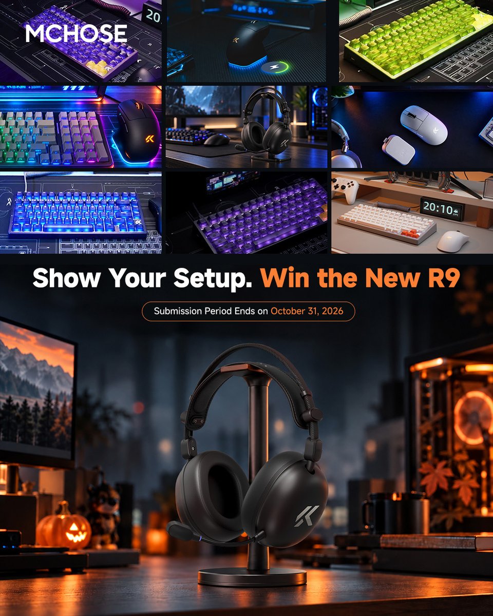 Mchose_official's tweet photo. 🎃 Join our Halloween Desk Setup Giveaway 🎃
Show off your gaming setup for a chance to win an MCHOSE R9 Gaming Headset!🎧

How to Enter:
1. Post your gaming setup featuring MCHOSE gear.
2. Tag @Mchose_official  and use #MCHOSEHalloween.
3. Submit your post link via the entry form.
👻 Bonus Tip:Add some spooky Halloween vibes to make your setup stand out!

🎁 One eligible winner will be selected at random.
⏰ Deadline:October 31, 2026
👉 Submit Now: https://t.co/yu1nlbDJEF

🔥 Stay tuned — our Halloween Sale is coming soon!

*MCHOSE reserves the right to interpret the event rules.

#MCHOSE #MCHOSEHalloween #gamingkeyboard