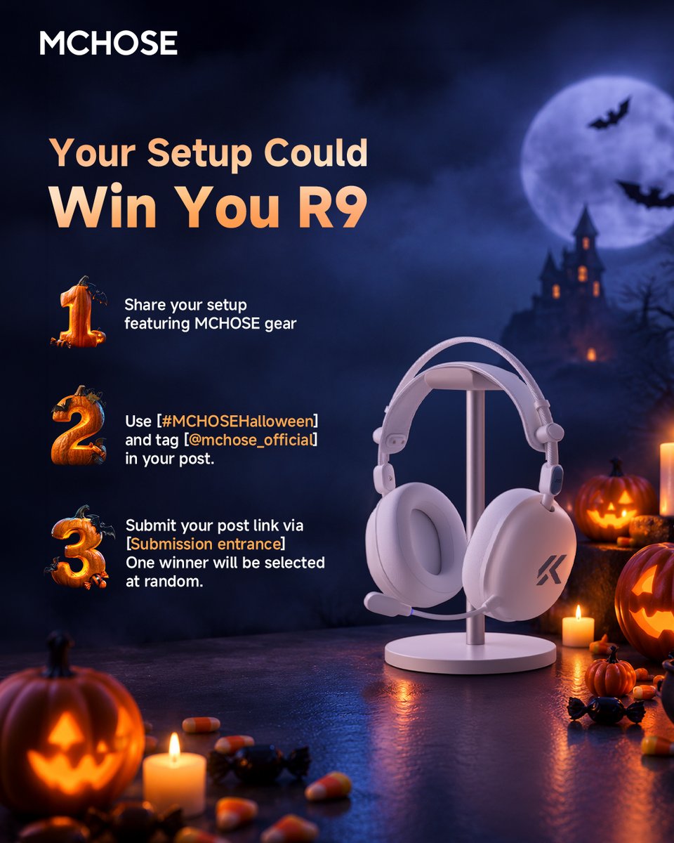 Mchose_official's tweet photo. 🎃 Join our Halloween Desk Setup Giveaway 🎃
Show off your gaming setup for a chance to win an MCHOSE R9 Gaming Headset!🎧

How to Enter:
1. Post your gaming setup featuring MCHOSE gear.
2. Tag @Mchose_official  and use #MCHOSEHalloween.
3. Submit your post link via the entry form.
👻 Bonus Tip:Add some spooky Halloween vibes to make your setup stand out!

🎁 One eligible winner will be selected at random.
⏰ Deadline:October 31, 2026
👉 Submit Now: https://t.co/yu1nlbDJEF

🔥 Stay tuned — our Halloween Sale is coming soon!

*MCHOSE reserves the right to interpret the event rules.

#MCHOSE #MCHOSEHalloween #gamingkeyboard