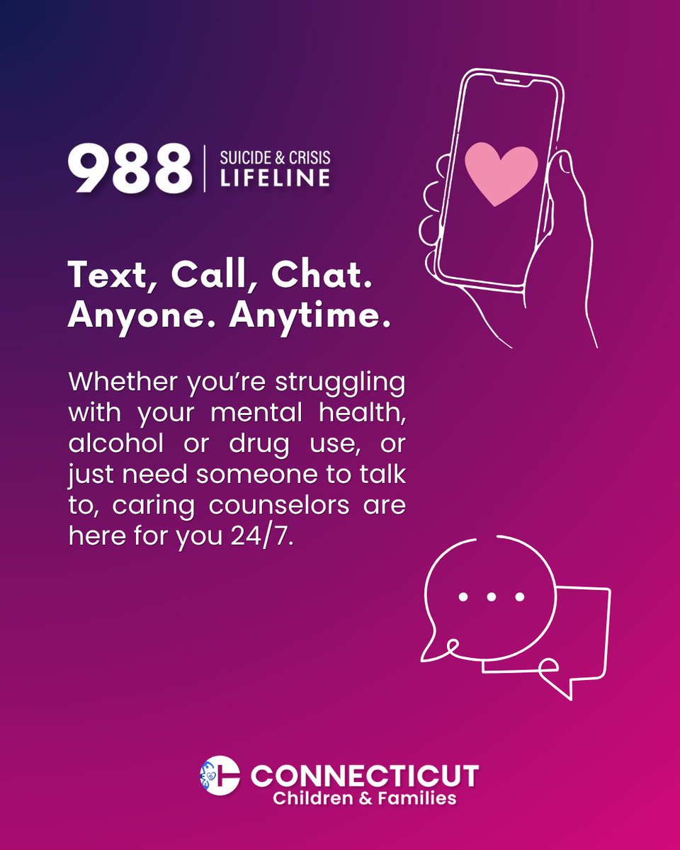 CTDCF's tweet photo. People call, text, &amp; chat the #988Lifeline to talk about a variety of emotional needs - not just during a crisis. Whatever your reason, the 988 Lifeline is here to help, 24/7.
Call or text 📲 988 or chat 💻 https://t.co/wTdns6GSFQ

 #CTDCF #YouAreNotAlone #MentalHealthSupport https://t.co/0qYykQ2YNM