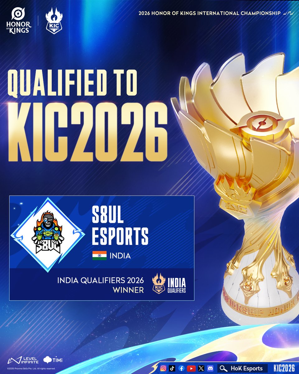 HoKEsports's tweet photo. From India Qualifiers 2026 to the #KIC2026 stage. 🏆 Congratulations to 🇮🇳 S8UL Esports on earning their spot! 🔥

#shineHoK #2026HoK #HonorofKings #HoKEsports https://t.co/V3L6AS8Yld