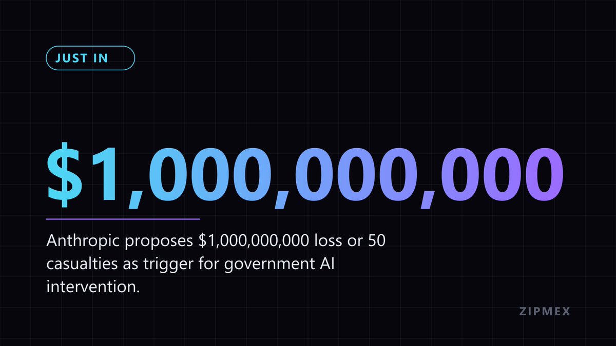zipmexnews's tweet photo. JUST IN: Anthropic proposes $1,000,000,000 loss or 50 casualties as trigger for government AI intervention. https://t.co/1WQnsdGG4Y