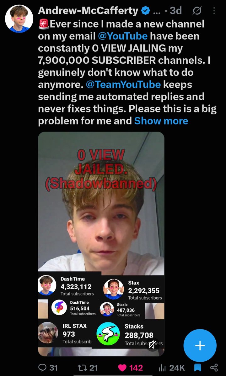 real_mccafferty's tweet photo. So after I started crying on camera begging @YouTube to help me with my situation they end up ghosting me and not even sending me an email after i filled out the form twice. @TeamYouTube is this how you treat someone who gave over 5 years of their life to you?
Will you please do something about this...?