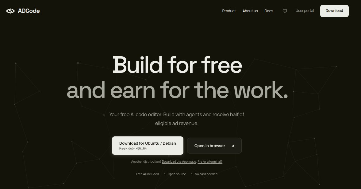 SahilPanhotra's tweet photo. just found an AI code editor that literally pays you to code 😭

it's called ADCode, free and open source.

you get free AI models including GLM 5.3 Flash UNCENSORED, Qwen3.8 27B and MiMo V2.6 Flash.

and apparently they share 50% of eligible ad revenue with you.

what the hell is this business model 💀