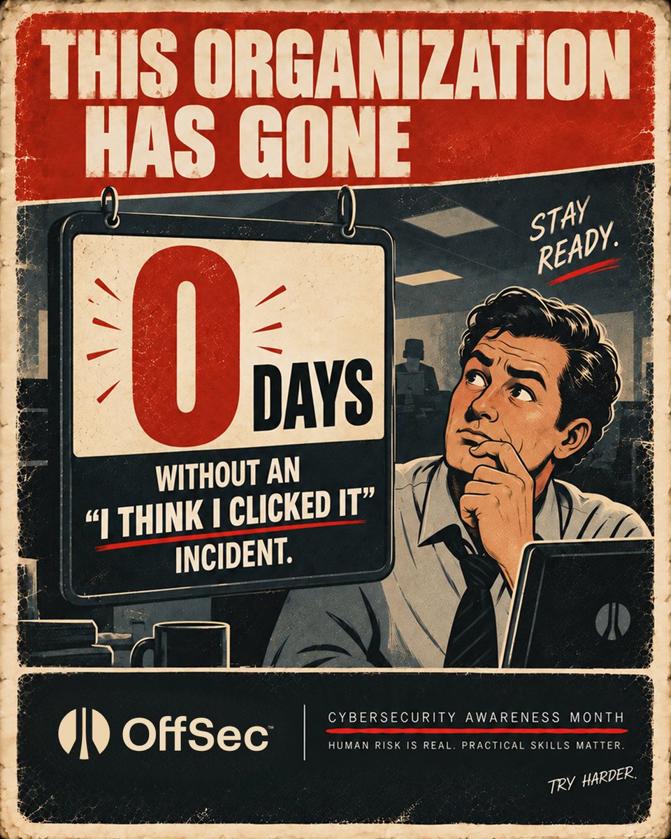 offsectraining's tweet photo. 😱 Someone will eventually click. The question is: Is your security team ready for what happens next?

Cybersecurity awareness helps employees recognize and report threats. Awareness alone can't prevent every attack.

When something gets through, your security team's ability to investigate, contain, and respond makes all the difference.

For Cybersecurity Awareness Month, we spoke with members of OffSec's internal IT and security teams about why effective security preparation requires more than awareness training.

Train for the click that gets through.

Read the blog: https://t.co/K9Wrt27XIe

#CybersecurityAwarenessMonth #Cybersecurity #SecurityTraining