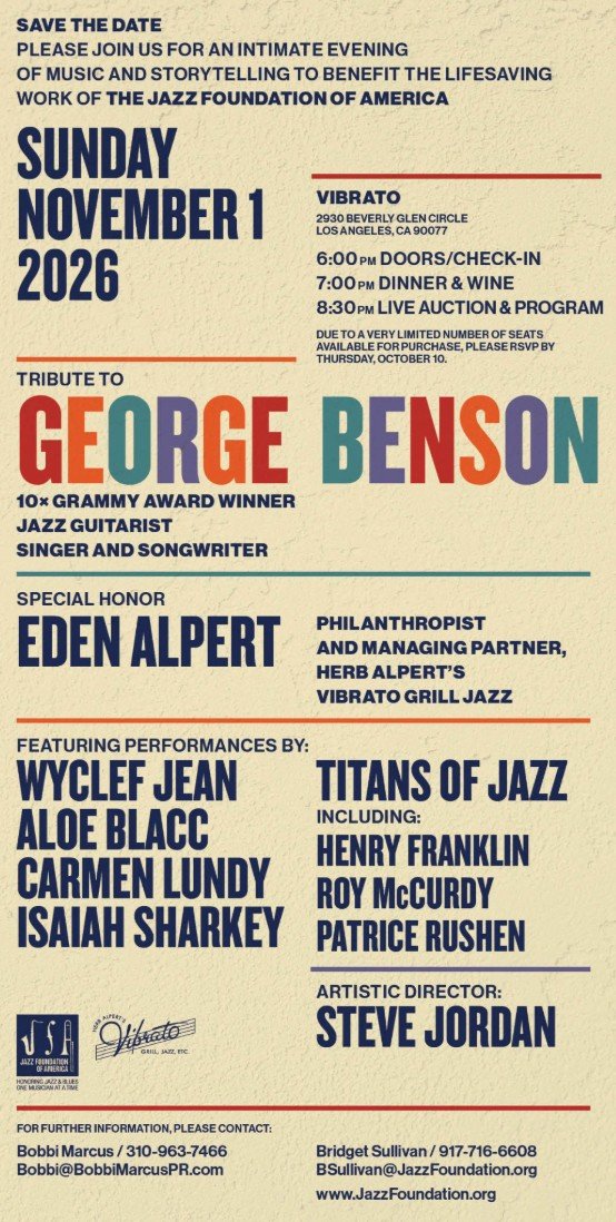 Jazz_Chill's tweet photo. George Benson and Eden Alpert to Be Honored at Jazz Foundation of America Benefit in Los Angeles https://t.co/QxrowAw398 https://t.co/23hXWrpFIe