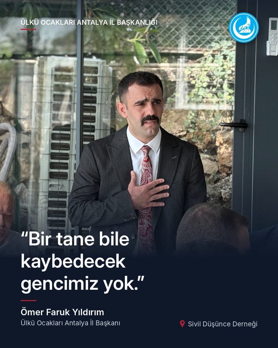 AntalyaOcak's tweet photo. "Bir tane bile kaybedecek gencimiz yok."

Ülkü Ocakları Antalya İl Başkanımız Sayın Ömer Faruk Yıldırım'ın geçtiğimiz günlerde Sivil Düşünce Derneği etkinliğinde yaptığı konuşma, yerel basında gündem olmaya devam ediyor.

Gençlerimizi kötü alışkanlıklardan, yalnızlıktan ve umutsuzluktan korumak, onları milli ve manevi değerlerle donanmış bireyler olarak geleceğe hazırlamak en temel önceliğimizdir. 

Bir tane bile kaybedecek gencimiz yok.

@ayyildirim1