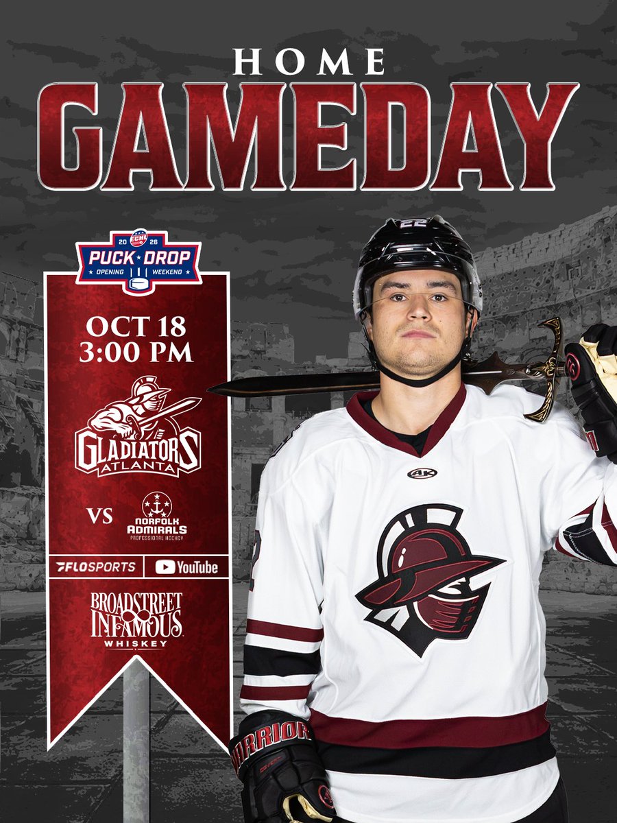 atlgladiators's tweet photo. and just like that, we're home again🎉

🏟️ Gas South Arena
🆚 Norfolk Admirals
⏰ 3:00 PM 
🎟️ https://t.co/iatBmyczqI 
📺 https://t.co/nNKcvgeB3V 
🎧 https://t.co/j1imTra3Qq
🤝 @BroadSTInfamous https://t.co/vFGfnYdh0q