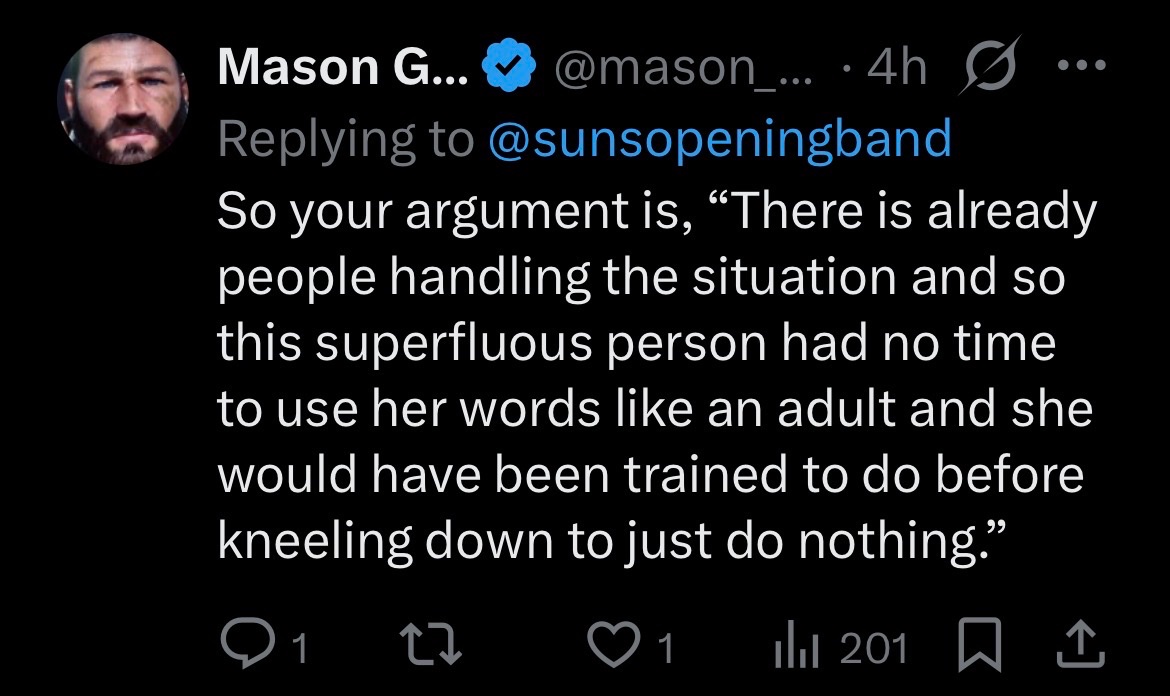 sunsopeningband's tweet photo. She would’ve managed that side if they needed to spine board that kid. So much for “superfluous.” 

It is better to remain silent and be thought a fool than to open one's mouth and remove all doubt. https://t.co/QUOqG6bjSK