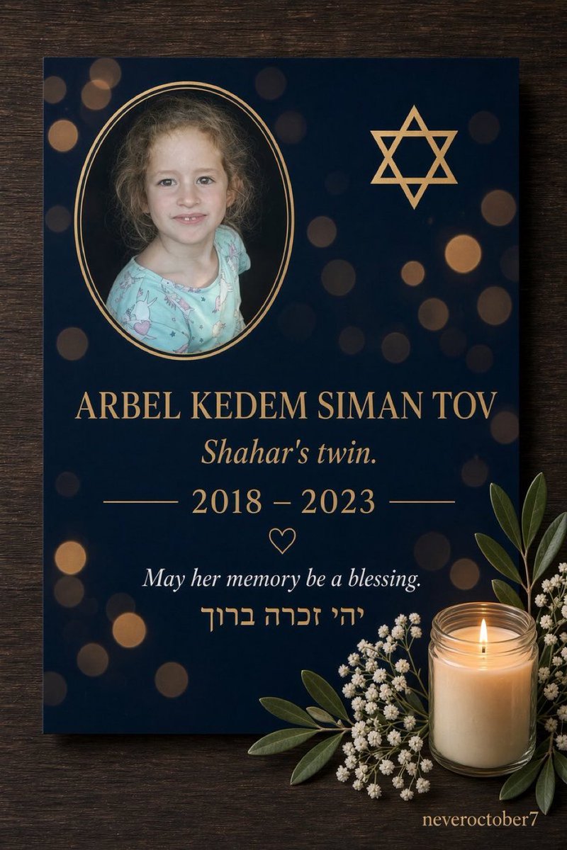 KARINGOLANghsg1's tweet photo. May your memory be a blessing, sweet Arbel. I hope that wherever you are now, you and your twin sister Shahar are together again, holding each other close, safe, peaceful, and never separated again. Amen. 🇮🇱🕯️ 
תנוחי על משכבך בשלום ילדה קטנטונת 🇮🇱💔🕯️ https://t.co/bFuoZSlE0q