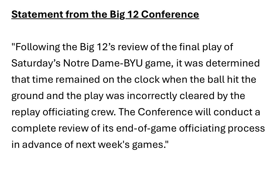 mattfreeman05_'s tweet photo. The ACC and Big 12 have now taken public shots at Notre Dame. The irony of the Big 12 shot is that the conference also issued another statement minutes after stating a mistake in the game. https://t.co/SMyFHOYL3w