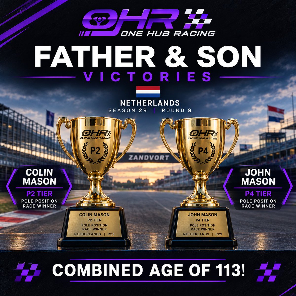 ERT_ColinRMason's tweet photo. Something absolutely incredible has just happened!

My 71 year old Dad got Pole and the Win around Zandvoort in the P4 Tier of @OneHubRacing.

Then I (42 Years Old) went and got Pole and the Victory in P2! 

Father and Son Victories! 

A day I will never ever forget. 
Amazing. https://t.co/SZXVwSZFdw
