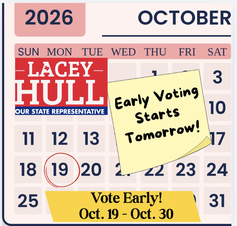 LaceyHullTx's tweet photo. Early voting starts tomorrow! Early voting runs October 19–30, with hours of 7 AM–7 PM Monday through Saturday and 12 PM–7 PM on Sunday, October 25. Find early voting locations and times at https://t.co/NfzG4g8dg3 and make a plan to vote! https://t.co/SIvMfbyF3O