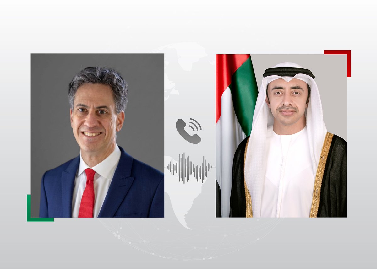 OFMUAE's tweet photo. Abdullah bin Zayed and @Ed_Miliband, discussed during a phone call enhancing 🇦🇪–🇬🇧 cooperation, as well as the latest regional developments and ongoing efforts to promote regional and international peace and security. https://t.co/qgDGcpSasR