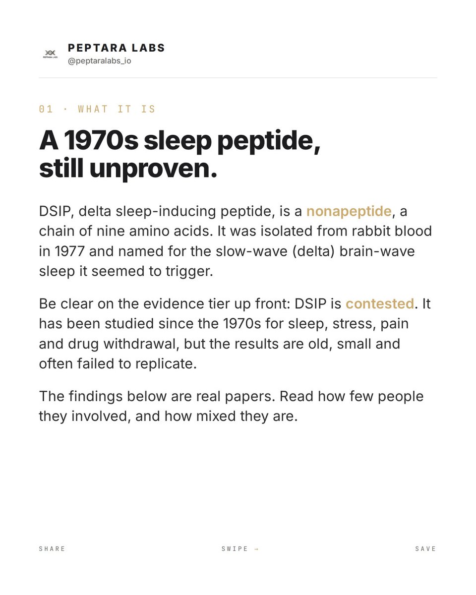 AEIROS's tweet photo. DSIP is a nine-amino-acid peptide first isolated from rabbit blood in 1977. A 1981 Lancet report linked synthetic DSIP to improved sleep in insomnia. Evidence remains contested. Educational only, not medical advice or dosing guidance. https://t.co/l4dt4Cs8EG