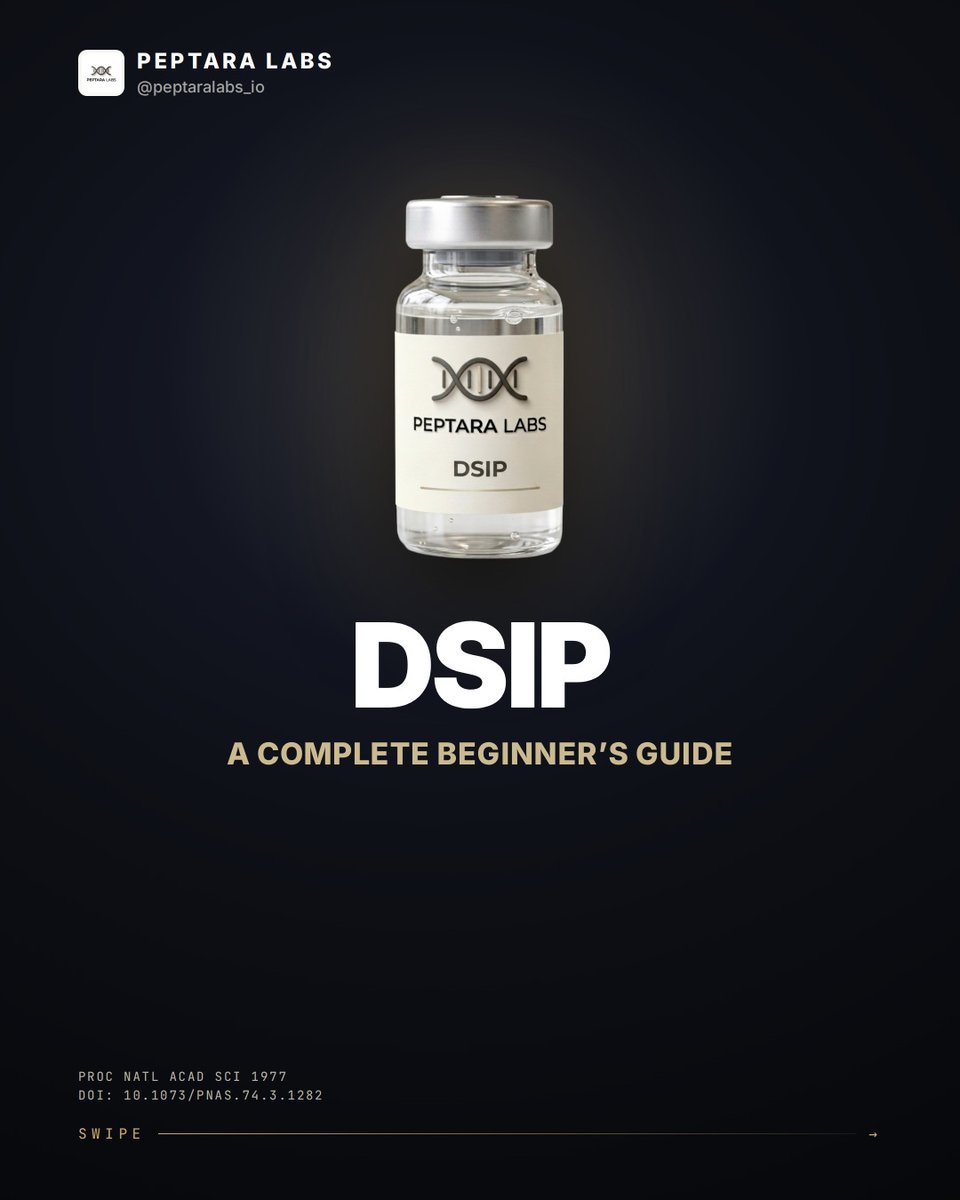 AEIROS's tweet photo. DSIP is a nine-amino-acid peptide first isolated from rabbit blood in 1977. A 1981 Lancet report linked synthetic DSIP to improved sleep in insomnia. Evidence remains contested. Educational only, not medical advice or dosing guidance. https://t.co/l4dt4Cs8EG