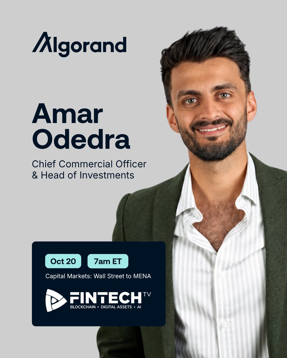 Algorand's tweet photo. Algorand Chief Commercial Officer, Amar Odedra, will be speaking live on @FINTECHTVglobal at 7:05 am ET on October 20th.

Amar will speak on the future of Algorand, live from the Abu Dhabi Securities Exchange (ADX), on the Capital Markets Wall Street to MENA show. https://t.co/iTPGeOPcJ9
