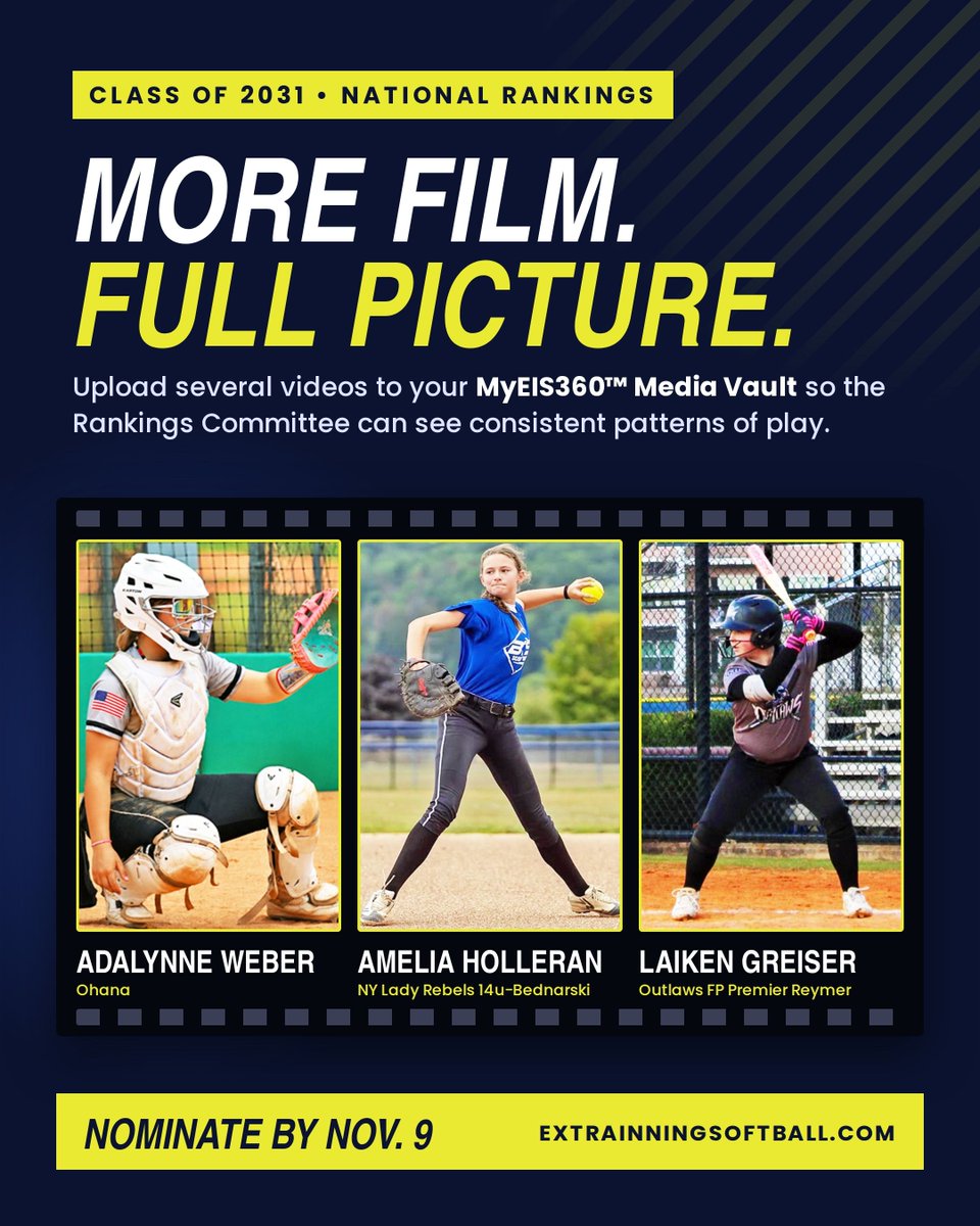 ExtraInningSB's tweet photo. 🚨 2031 nominations OPEN!
🎥 Add videos to MyEIS360™
👀 Show the committee her best.
⬇️ Learn more below!
https://t.co/GbLAlnZdNg https://t.co/ZcSWPUKEPU