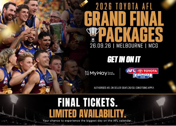 jphantom20's tweet photo. Final packages for the 2026 Toyota AFL Grand Final are now available. Secure accommodation, reserved seating, post-game access, premium hospitality, live entertainment, food, beverages and an official souvenir. From $4, 536 per person twin share. https://t.co/CzbMNk1NA1