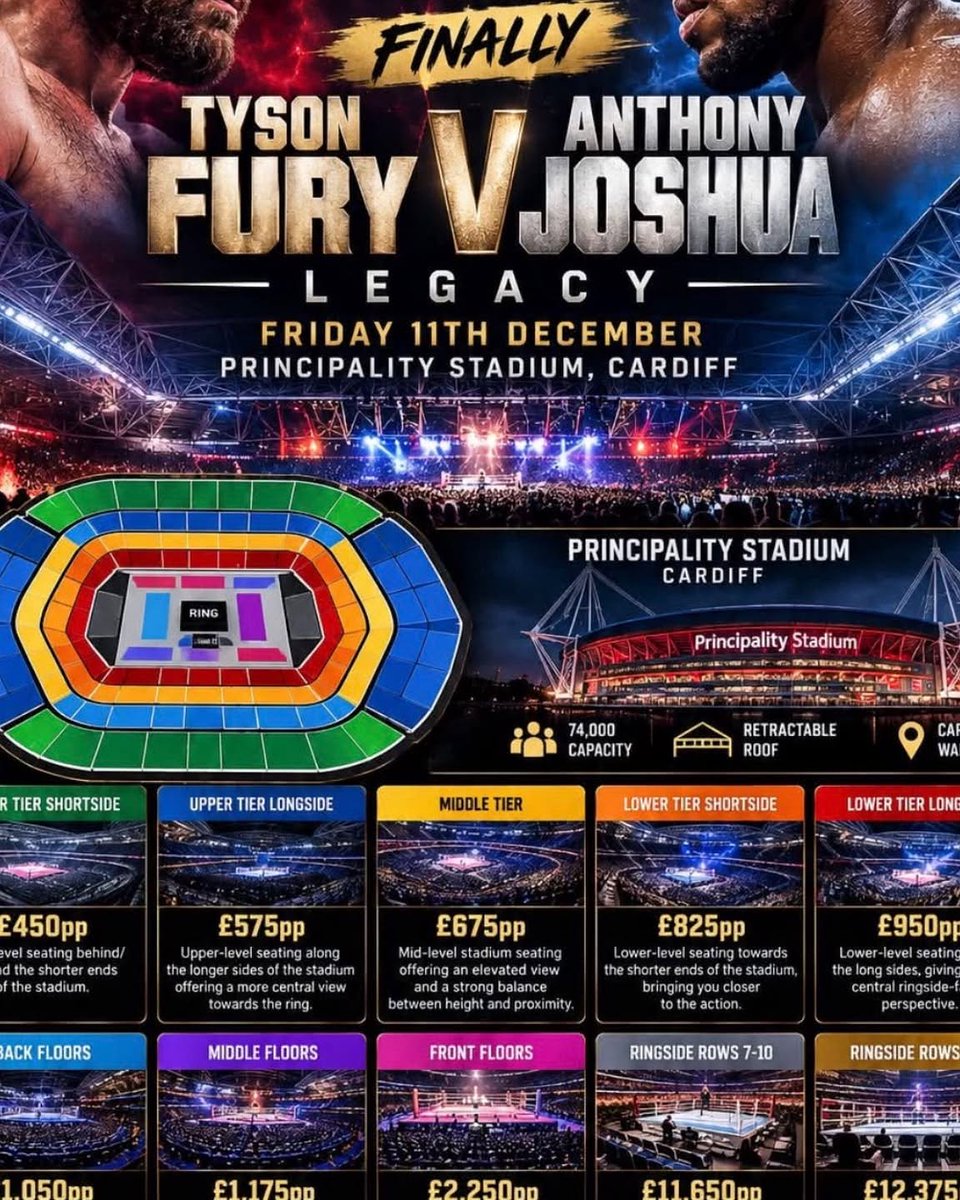 jovanetomas's tweet photo. The wait is over: Fury vs Joshua: LEGACY is finally happening. 10 years in the making, set to be the biggest fight in UK boxing history at Cardiff’s Principality Stadium. 74, 000 fans, a retractable roof and an electric atmosphere. Tickets are https://t.co/vIvgXhMXPp