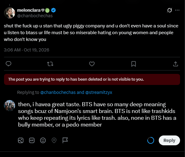 613hooligan's tweet photo. @chanbochechas blocked me and thinking that you can run away from me? LMAO stupid. #hearts2heartsdisband #straykidsdisband #kpopdisband #kpopended #btsbestband #btspavedtheway
I vote #BTS for Fans' Choice at the #2026MAMA https://t.co/FJUwLPhW1D