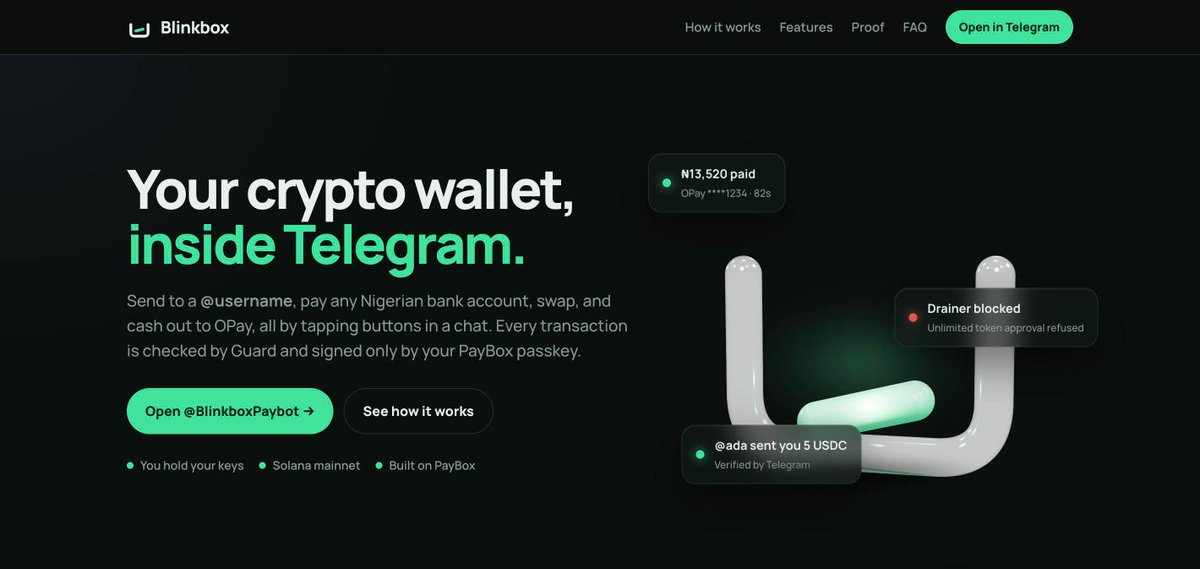 0xKenichi's tweet photo. Blinkbox: a crypto wallet in Telegram, built on @PayBox by @moonpay 🧵

💸 Pay anyone by Telegram/X username
🏧 Pay any Nigerian bank in naira from USDC
₦ Buy USDC, cash out to OPay &amp; 174 banks
🛡 Guard blocks drainers

Try it: https://t.co/qSmK5qfeC4 https://t.co/p9fXAWOlyM