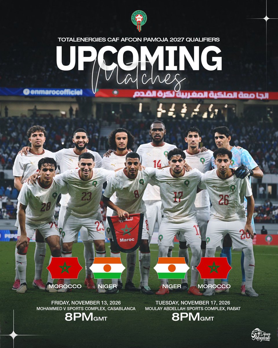 jdwelkora's tweet photo. 🚨 رسميًا | المنتخب المغربي يواجه نظيره النيجيري في مباراتين ذهاباً وإياباً ضمن الجولتين الثالثة والرابعة من تصفيات كأس أمم إفريقيا 2027، وذلك على ملعبي الدار البيضاء والرباط. 🇲🇦⚽ https://t.co/HwMLwGmJY0