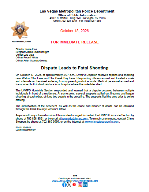 LVMPD's tweet photo. Click below for additional information on a homicide investigation that took place near Walnut Star Lane and Star Creek Bay.

Anyone with any information about this incident is urged to contact the LVMPD Homicide Section by phone at 702-828-3521, or by email at homicide@lvmpd.com. To remain anonymous, contact Crime Stoppers by phone at 702-385-5555, or on the internet at https://t.co/8qeBz4regz.