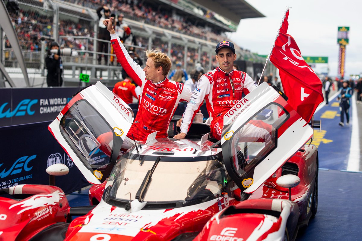 FIAWEC's tweet photo. WORLD CHAMPIONS 🥹
 
#WEC #6HBarcelona #Toyota @ToyotaRacingWEC https://t.co/QBQB2enrNI