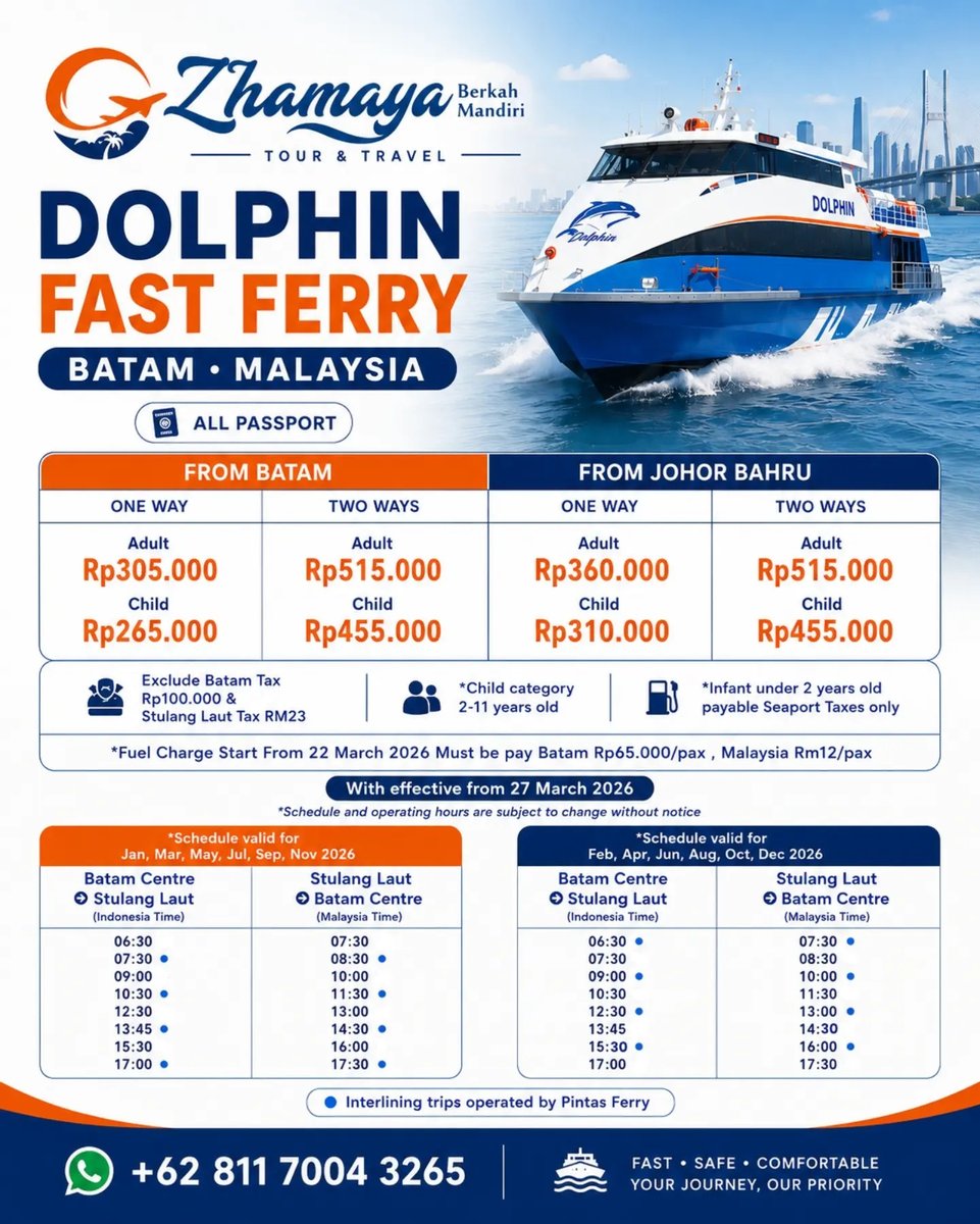AnthoniaGp's tweet photo. Dolphin Fast Ferry Batam–Malaysia

Liburan atau bisnis ke Malaysia kini lebih mudah. Tiket mulai Rp305. 000. Batam Centre–Stulang Laut, Johor Bahru
Semua paspor, keberangkatan setiap hari, cepat, aman, dan nyaman. Info &amp; pemesanan: 0811 7004 3265 https://t.co/ggLe3gKcoa