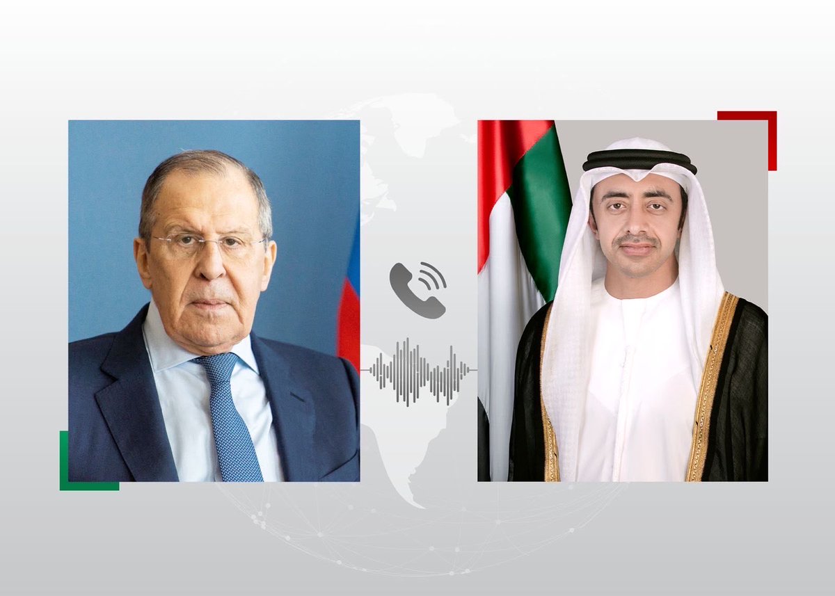 OFMUAE's tweet photo. عبدالله بن زايد ومعالي سيرغي لافروف، وزير خارجية روسيا الاتحادية، يبحثان هاتفياً آفاق تعزيز علاقات التعاون والشراكة بين 🇦🇪و🇷🇺، ويتبادلان وجهات النظر بشأن مستجدات الأوضاع الإقليمية والدولية. https://t.co/yRMOup4xPU