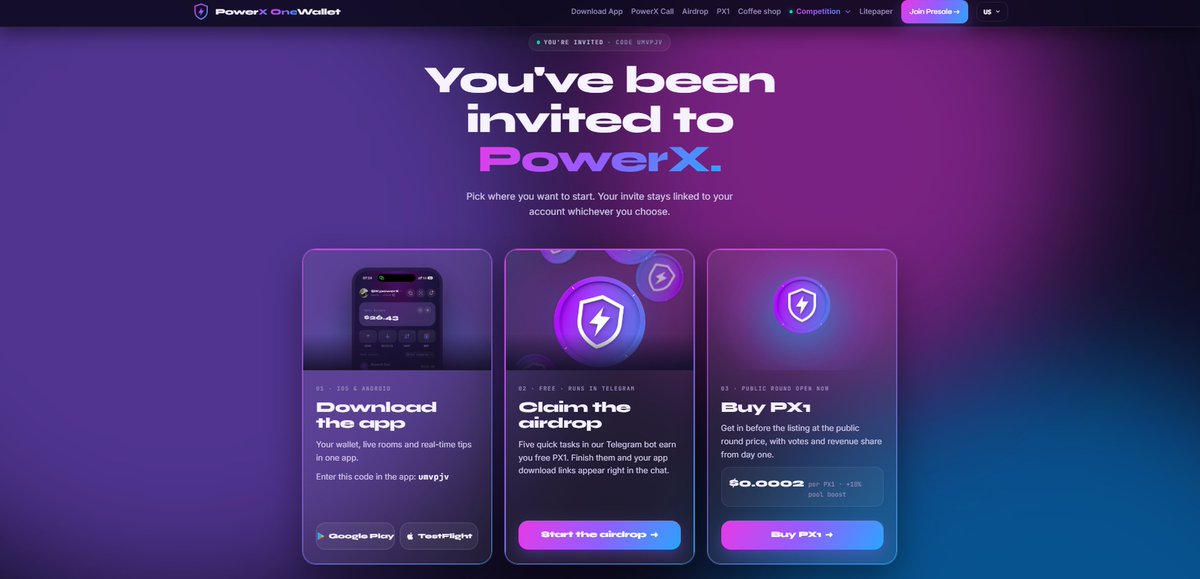 Powerxonewallet's tweet photo. 🚀 NEW REFERRAL LANDING PAGE — SIMPLER ONBOARDING

We’ve improved the experience for anyone joining PowerX One through a referral link.

Now, when someone opens a referral link, they can immediately see the main ways to get started:
📲 Download the app
🎁 Claim the airdrop
⚡️ Buy PX1

Their referral code also stays connected to the journey, making the onboarding process much clearer and easier to follow.
The goal is simple: less confusion, faster onboarding, and a better first experience with PowerX One.

If you’re sharing your referral link, your new visitors will now land on this updated page automatically.
One link. Clear options. Easier onboarding.