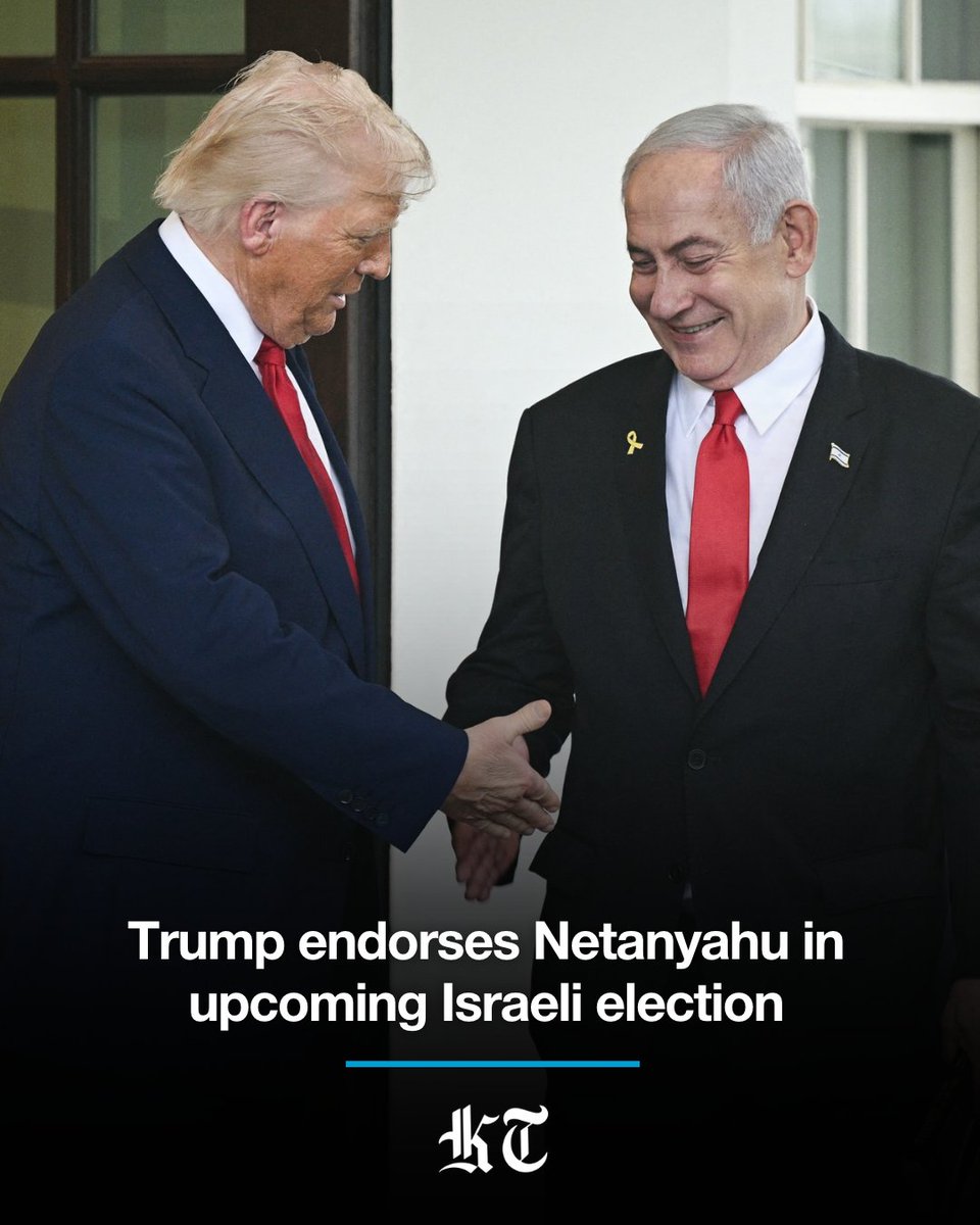 kuwaittimesnews's tweet photo. US President Donald Trump endorsed his ally Benjamin Netanyahu on Sunday for the upcoming Israeli parliamentary elections.

US President Donald Trump endorsed his ally Benjamin Netanyahu on Sunday for the upcoming Israeli parliamentary election.

"Bibi Netanyahu has been Strong, Brave, and Brilliant in the face of tremendous opposition, including that coming from even Israel, itself," Trump wrote in a post on Truth Social.

"This is the kind of Partner that the United States of America is demanding of Israel, a Country for which it has done so much. Please let this Letter serve to represent my Complete and Total Endorsement of Bibi Netanyahu in his upcoming Race for Re-Election as Prime Minister of Israel."

Israel will hold a national election on October 27. The election could determine whether Netanyahu remains in power or is defeated by centrist rivals.