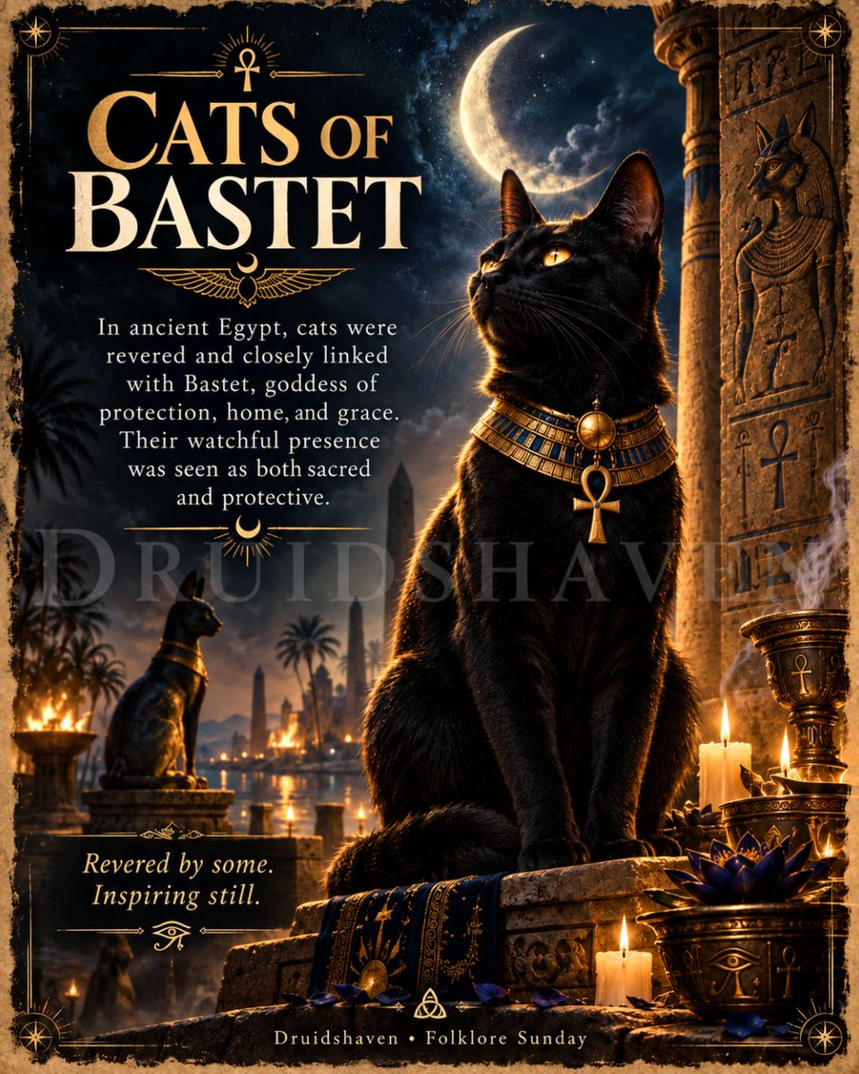 Druidshaven's tweet photo. Ancient Egyptian cats were closely associated with Bastet — goddess of home, protection, and grace.
Funny how one animal can be feared as an omen in one culture and revered as sacred in another.
#FolkloreSunday #Bastet #Druidshaven https://t.co/PZoFryC2gT