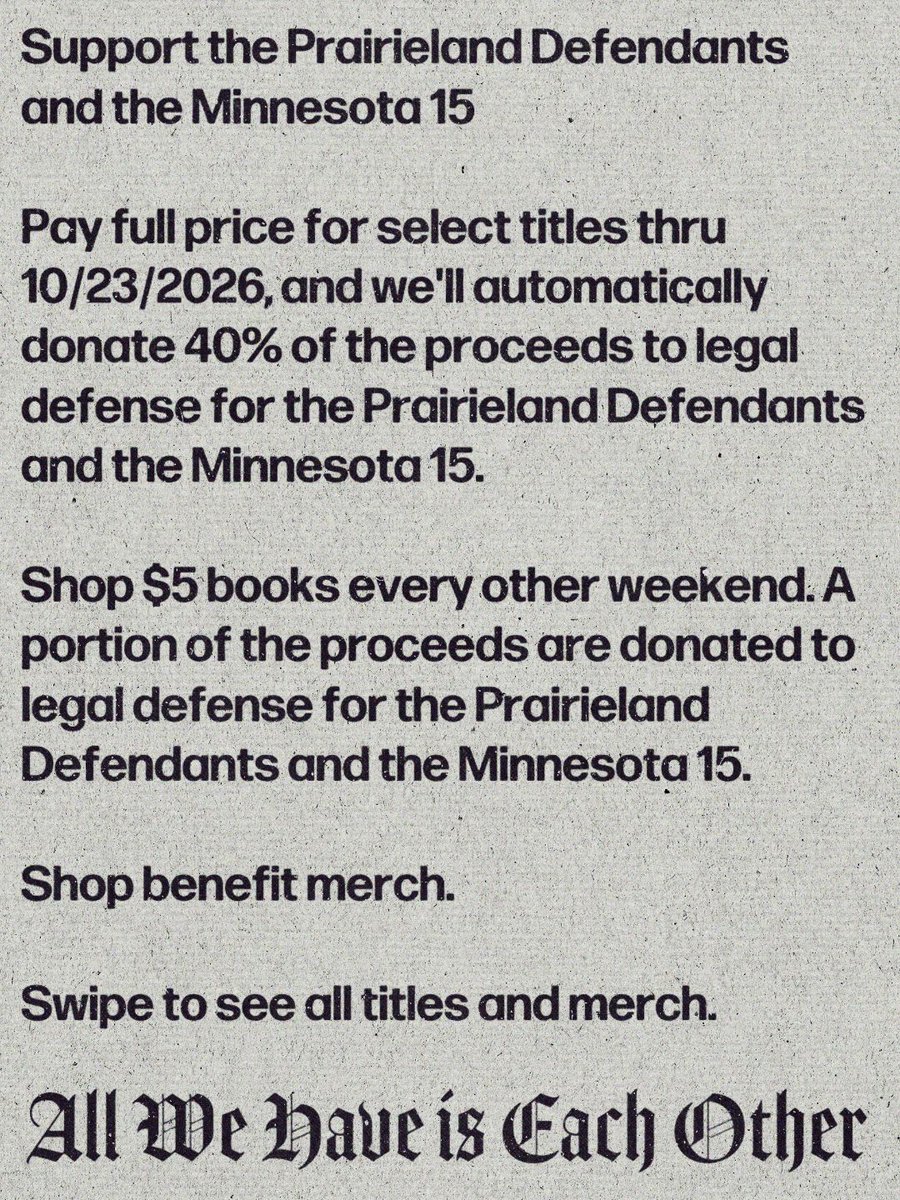 PMPressOrg's tweet photo. Shop benefit merch for the Minnesota 15 and the Prairieland Defendants!
Shop all benefit merch here: https://t.co/ftYjllsIr7 https://t.co/ED6M3Lke4B